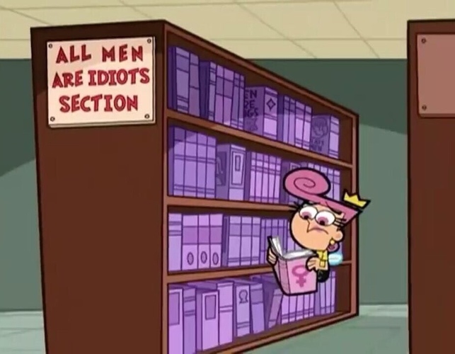 Wanda from the Fairly Odd Parents reading a book from a bookshelf labeled all men are idiots section