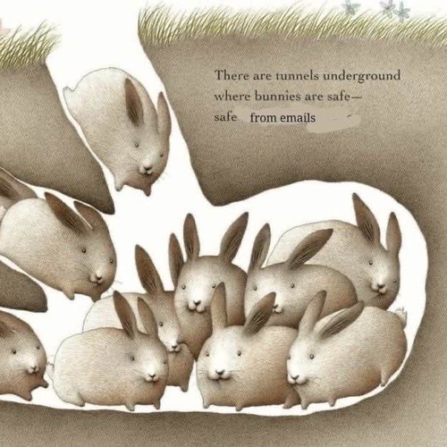 Cartoon bunnies in a burrow with text that says there are tunnels underground where bunnies are safe safe from emails