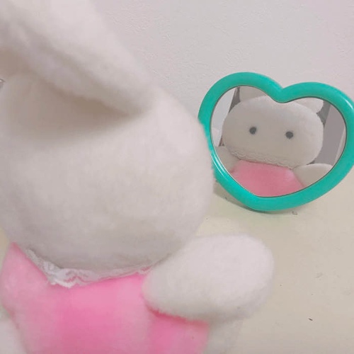 White plush bunny in a pink dress looking in a heart-shaped mirror