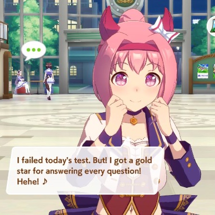 Haru Urara from Uma Musume saying I failed today's test. But! I got a gold star for answering every question! Hehe! ♪