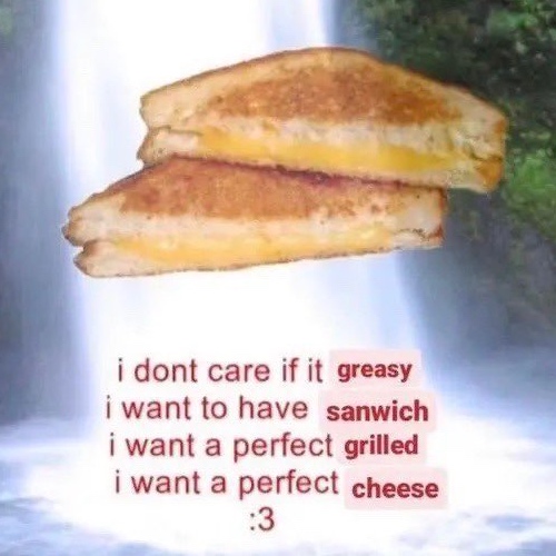 Grilled cheese sandwich with text that says i dont care if it greasy i want to have sanwich i want a perfect grilled i want a perfect cheese :3