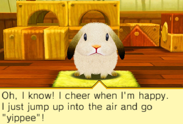 Bunny with a speech bubble that says Oh, I know! I cheer when I'm happy. I just jump up into the air and go yippee!