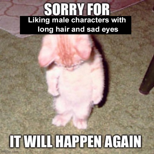 Kitten looking down with text that says sorry for liking male characters with long hair and sad eyes it will happen again