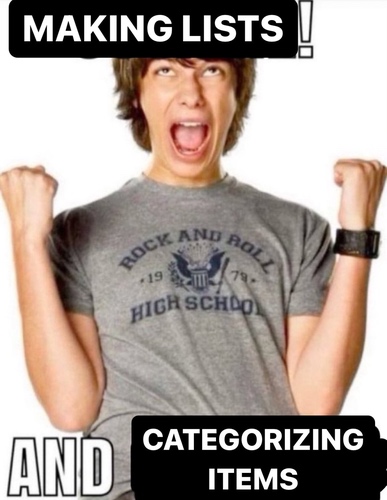 Man cheering with text that says MAKING LISTS AND CATEGORIZING ITEMS