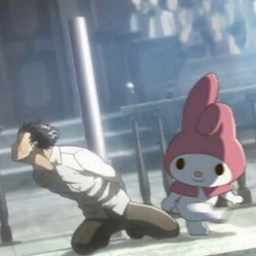My Melody kicking a man while smiling