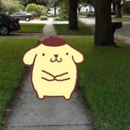 Pompompurin standing on the street from the you know I had to do it to em meme