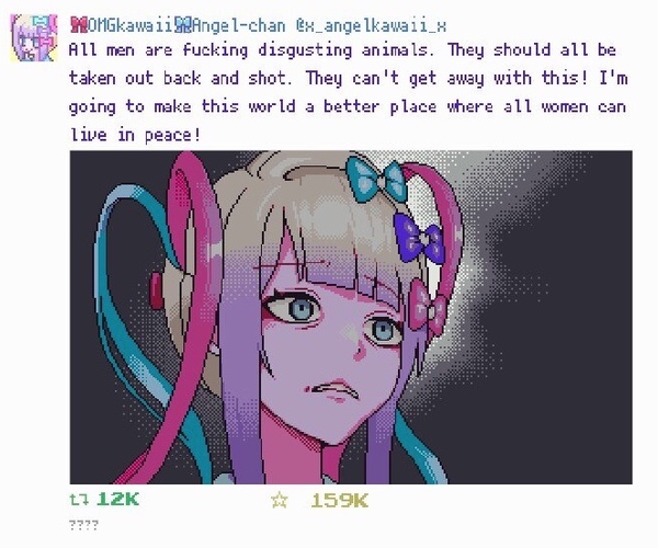 In-game social media post from K Angel from Needy Streamer Overload with a photo of her appearing disgusted and text that says all men are fucking disgusting animals. They should all be taken out back and shot. They can't get away with this! I'm going to make this world a better place where all women can live in peace!