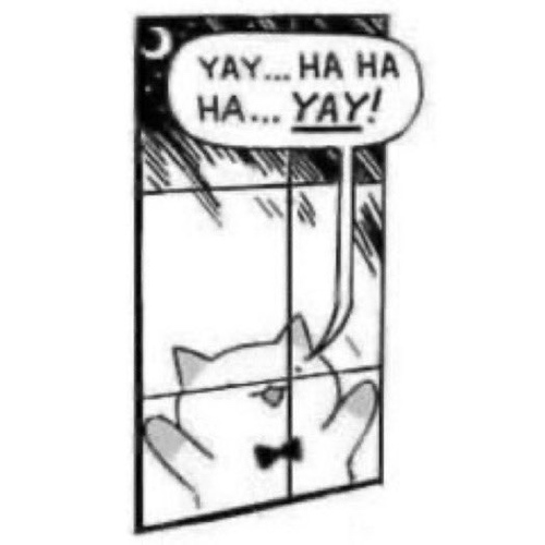 Happy cartoon cat with a bowtie looking in a window saying Yay Ha Ha Ha Yay